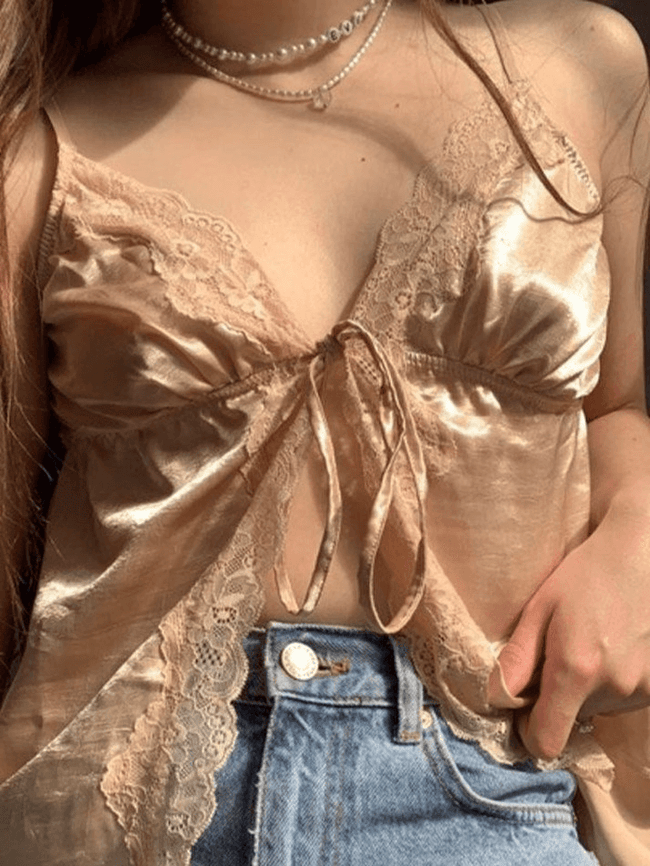 Lace Paneled Split Satin Crop Cami Top Beige / S Tops&Tees Main image