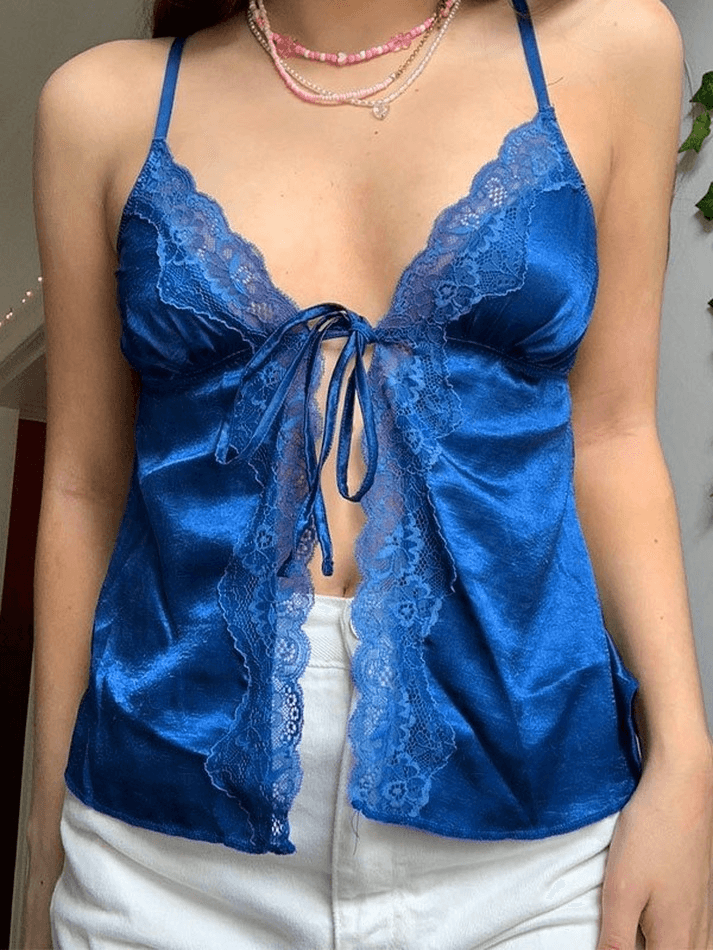 Lace Paneled Split Satin Crop Cami Top Tops&Tees