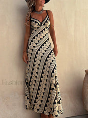 Lace Patchwork Deep V Boho Dress Khaki / S