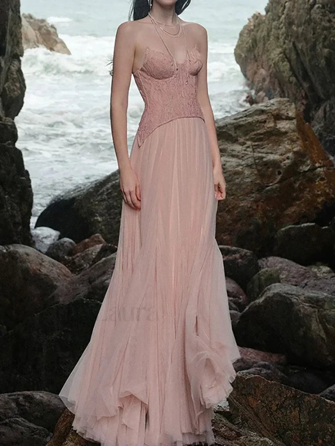 Lace Patchwork Pink Maxi Dress Secondary image