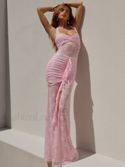Lace Patchwork Ruched Maxi Dress Pink / S