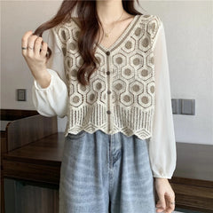 Lace Patchwork Solid Color Pullover Casual Clothes Blouse