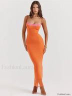 Lace Patchwork Strapless Maxi Dress Orange / S