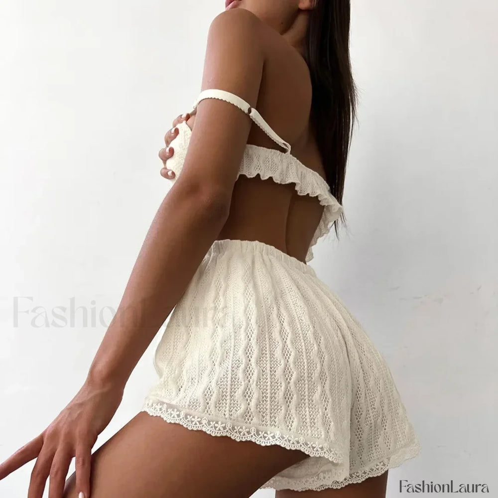 Lace Patchwork Tank Top Elastic Waist Shorts Two Piece Set