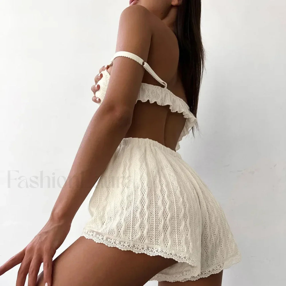 Lace Patchwork Tank Top Elastic Waist Shorts Two Piece Set