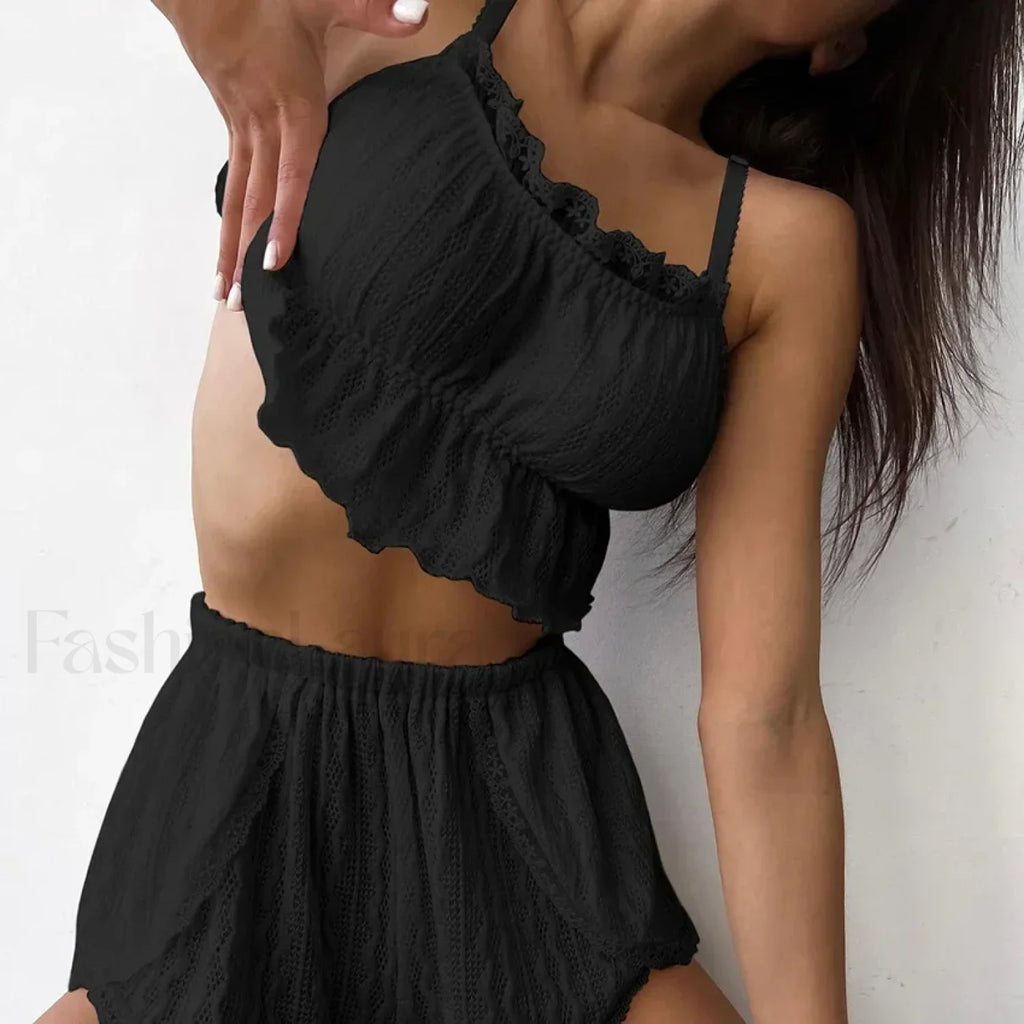 Lace Patchwork Tank Top Elastic Waist Shorts Two Piece Set Black / S