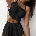 Lace Patchwork Tank Top Elastic Waist Shorts Two Piece Set Black / S