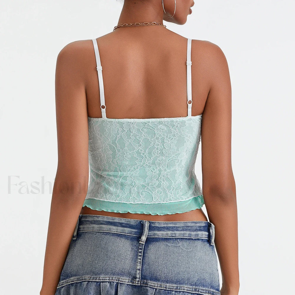 Lace Patchwork Tie Up Crop Top
