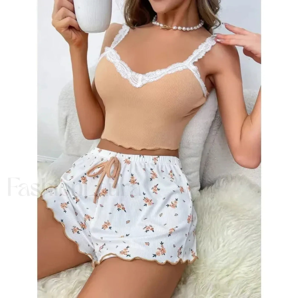 Lace Patchwork V Neck Cami Shorts Two Piece Set khaki / S