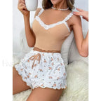 Lace Patchwork V Neck Cami Shorts Two Piece Set khaki / S