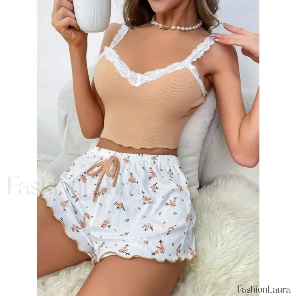 Lace Patchwork V Neck Cami Shorts Two Piece Set khaki / S