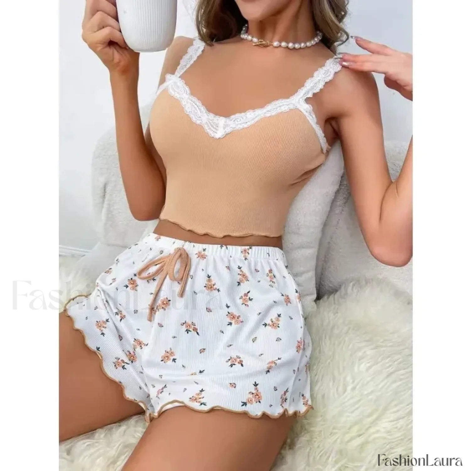 Lace Patchwork V Neck Cami Shorts Two Piece Set khaki / S