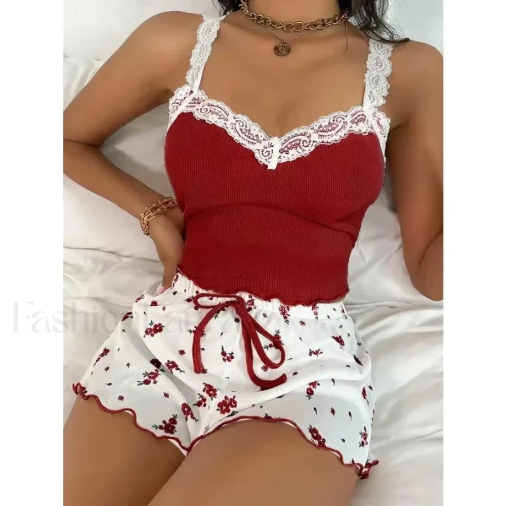Lace Patchwork V Neck Cami Shorts Two Piece Set Red / S