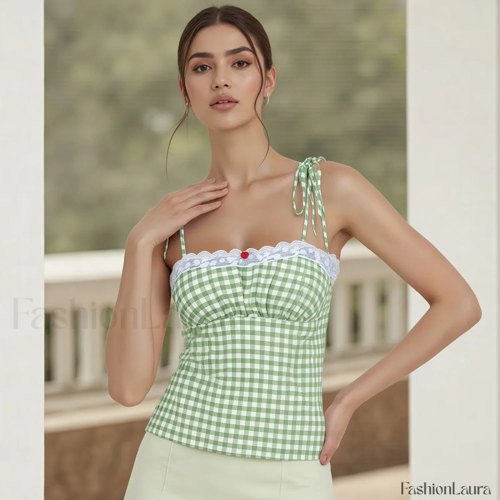 Lace Plaid Fitted Crop Top Green / S