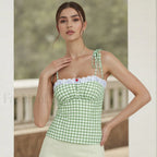 Lace Plaid Fitted Crop Top Green / S