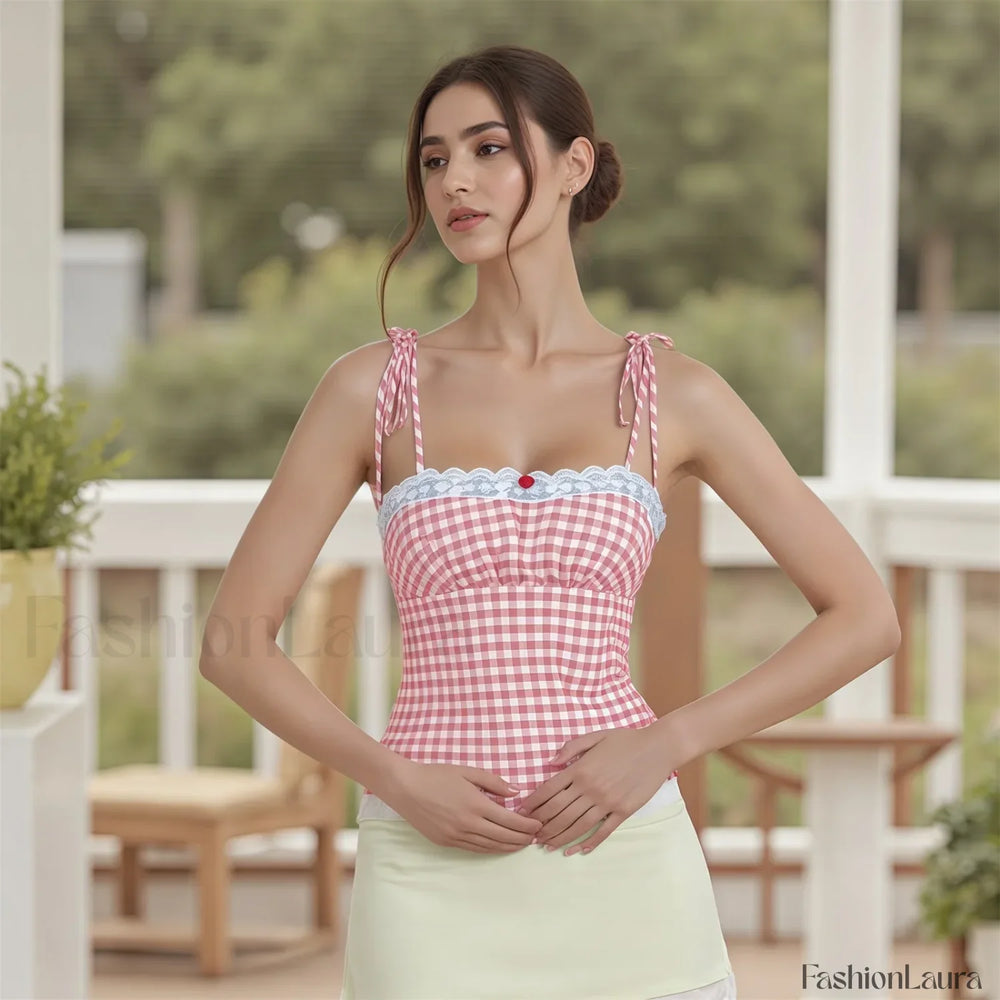 Lace Plaid Fitted Crop Top Pink / S