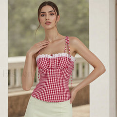 Lace Plaid Fitted Crop Top Red / S