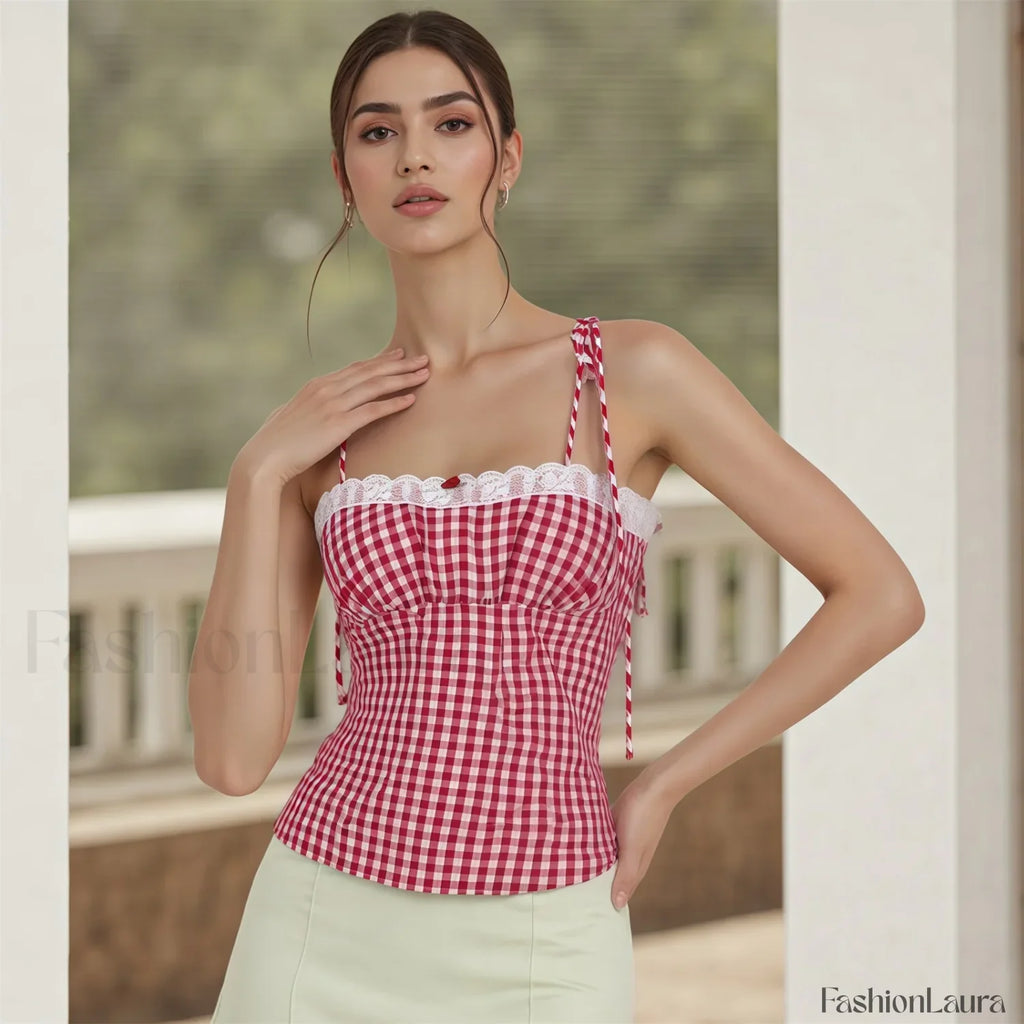 Lace Plaid Fitted Crop Top Red / S