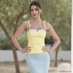 Lace Plaid Fitted Crop Top Yellow / S