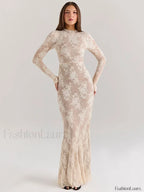 Lace Print Long Sleeve Maxi Dress