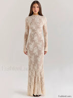 Lace Print Long Sleeve Maxi Dress WHITE / S