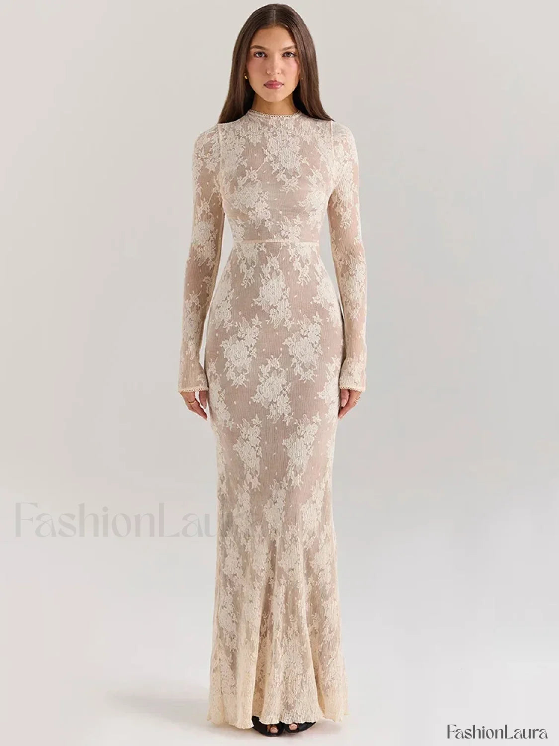 Lace Print Long Sleeve Maxi Dress WHITE / S