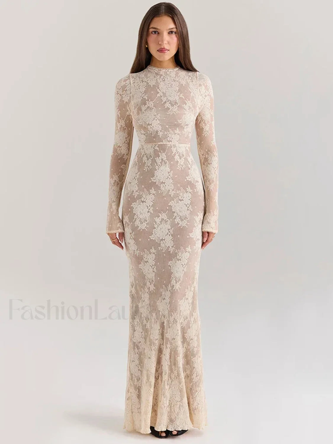 Lace Print Long Sleeve Maxi Dress WHITE / S Main image
