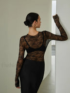 Lace Raw Hem Crew Modern Neck Long Sleeve Top T Shirts