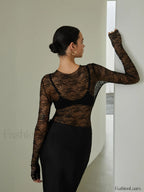 Lace Raw Hem Crew Modern Neck Long Sleeve Top T Shirts