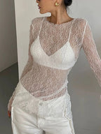 Lace Raw Hem Crew Modern Neck Long Sleeve Top White / XS T Shirts