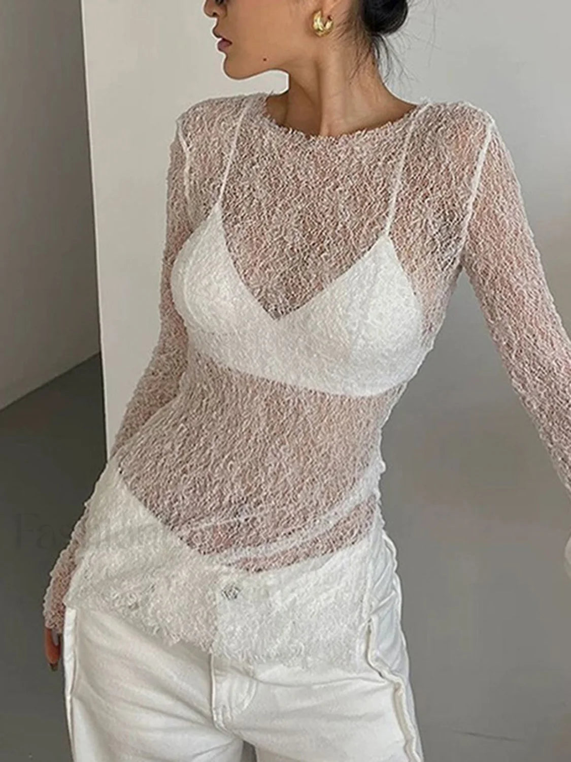 Lace Raw Hem Crew Modern Neck Long Sleeve Top White / XS T Shirts