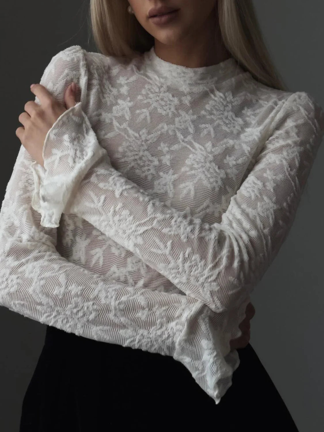 Lace Ruffle Cuff Trendy Long Sleeve Shirt White / XS T Shirts Main image