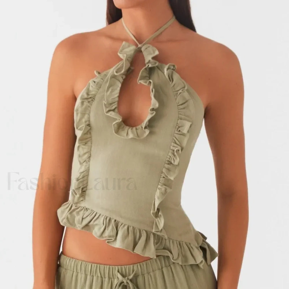 Lace Ruffle Halter Crop Top Green / S
