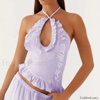 Lace Ruffle Halter Crop Top PURPLE / S