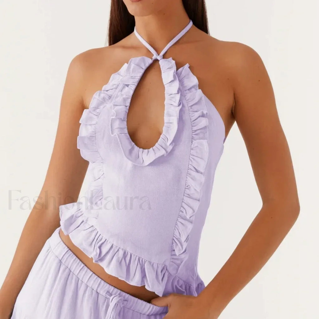 Lace Ruffle Halter Crop Top PURPLE / S