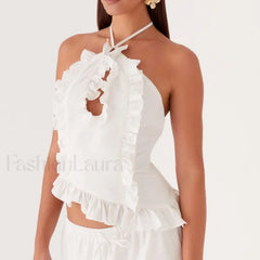 Lace Ruffle Halter Crop Top WHITE / S