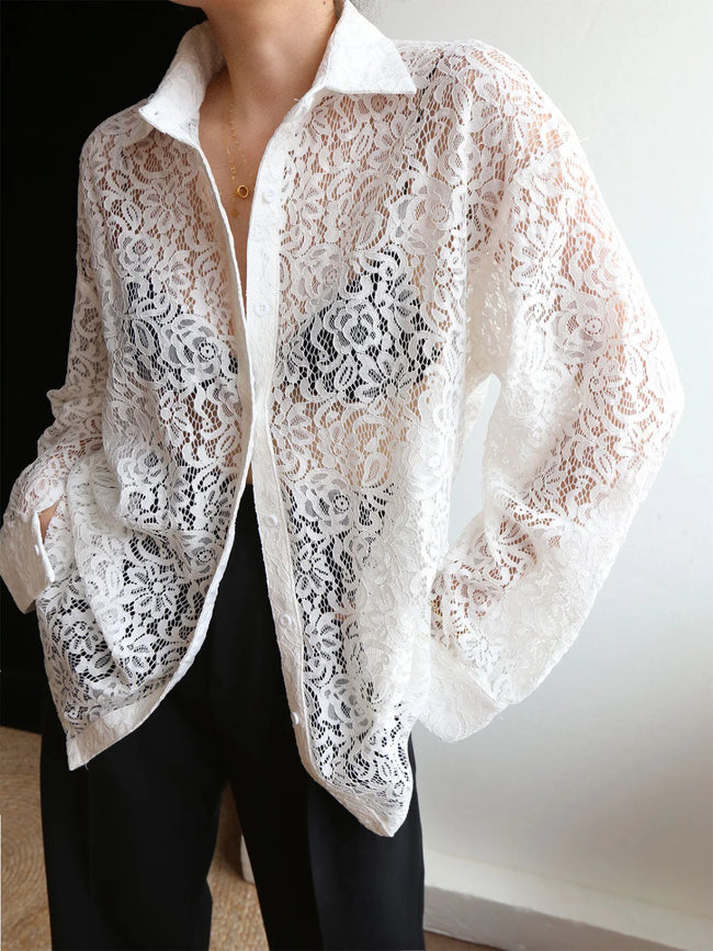 Lace Semi sheer Graceful Collared Shirt White / XS Shirts Main image