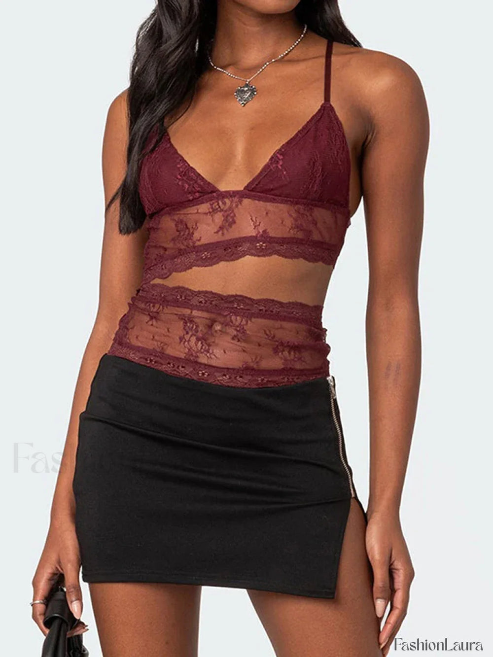 Lace Sheer Cutout Crop Top Red / S