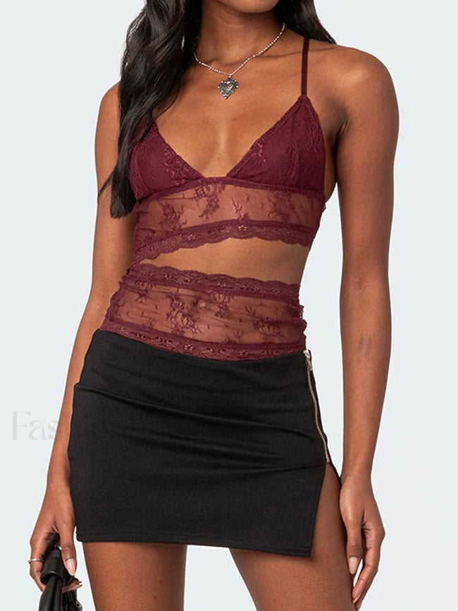 Lace Sheer Cutout Crop Top Red / S Main image