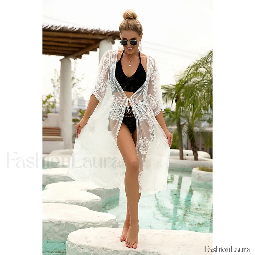 Lace Sheer Midi Beach Cover Up WHITE / One Size
