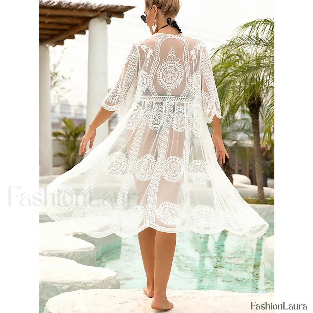 Lace Sheer Midi Beach Cover Up WHITE / One Size