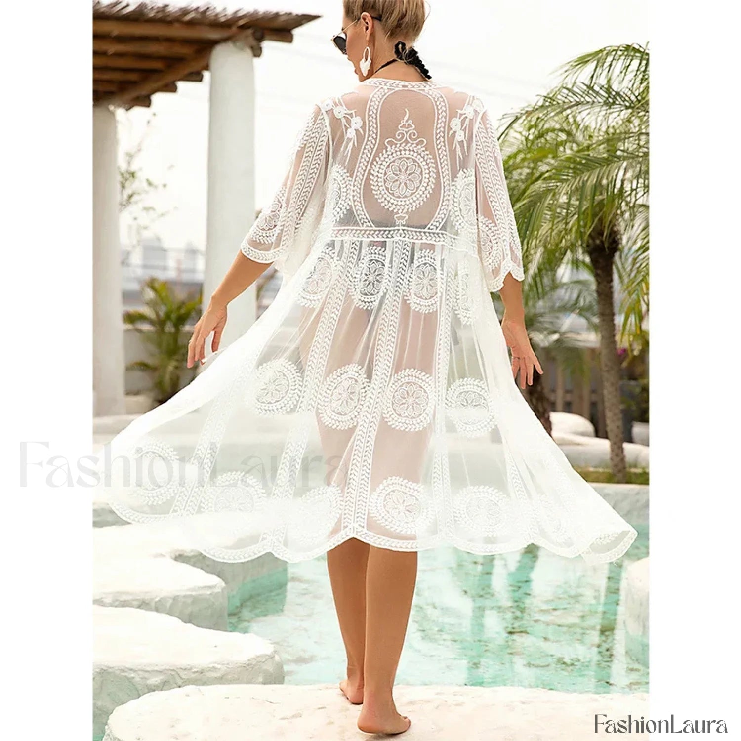 Lace Sheer Midi Beach Cover Up WHITE / One Size
