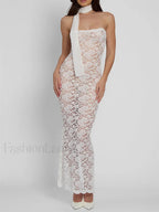 Lace Sheer Strapless Floral Maxi Dress