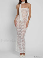 Lace Sheer Strapless Floral Maxi Dress