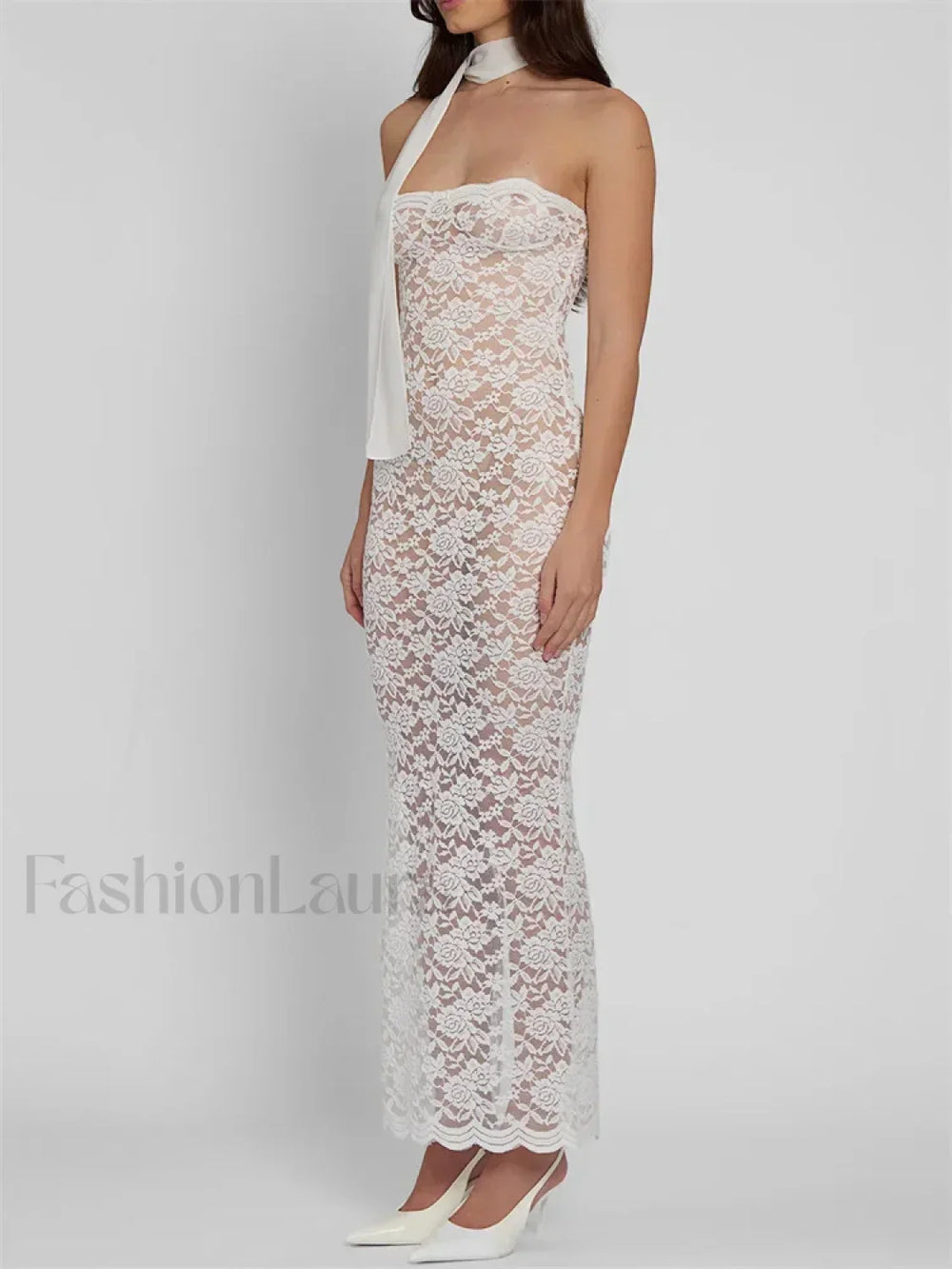 Lace Sheer Strapless Floral Maxi Dress
