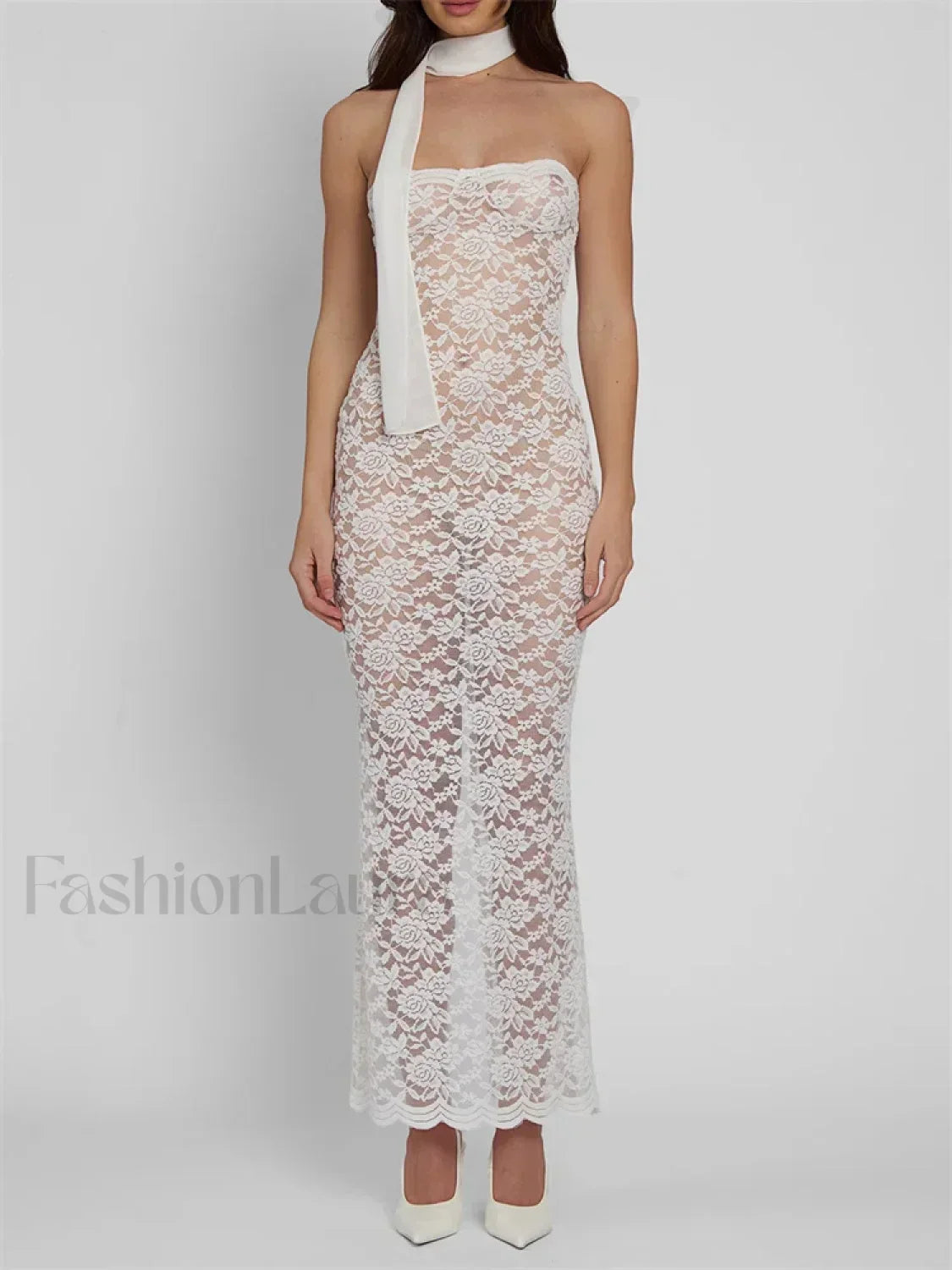 Lace Sheer Strapless Floral Maxi Dress white / S Main image