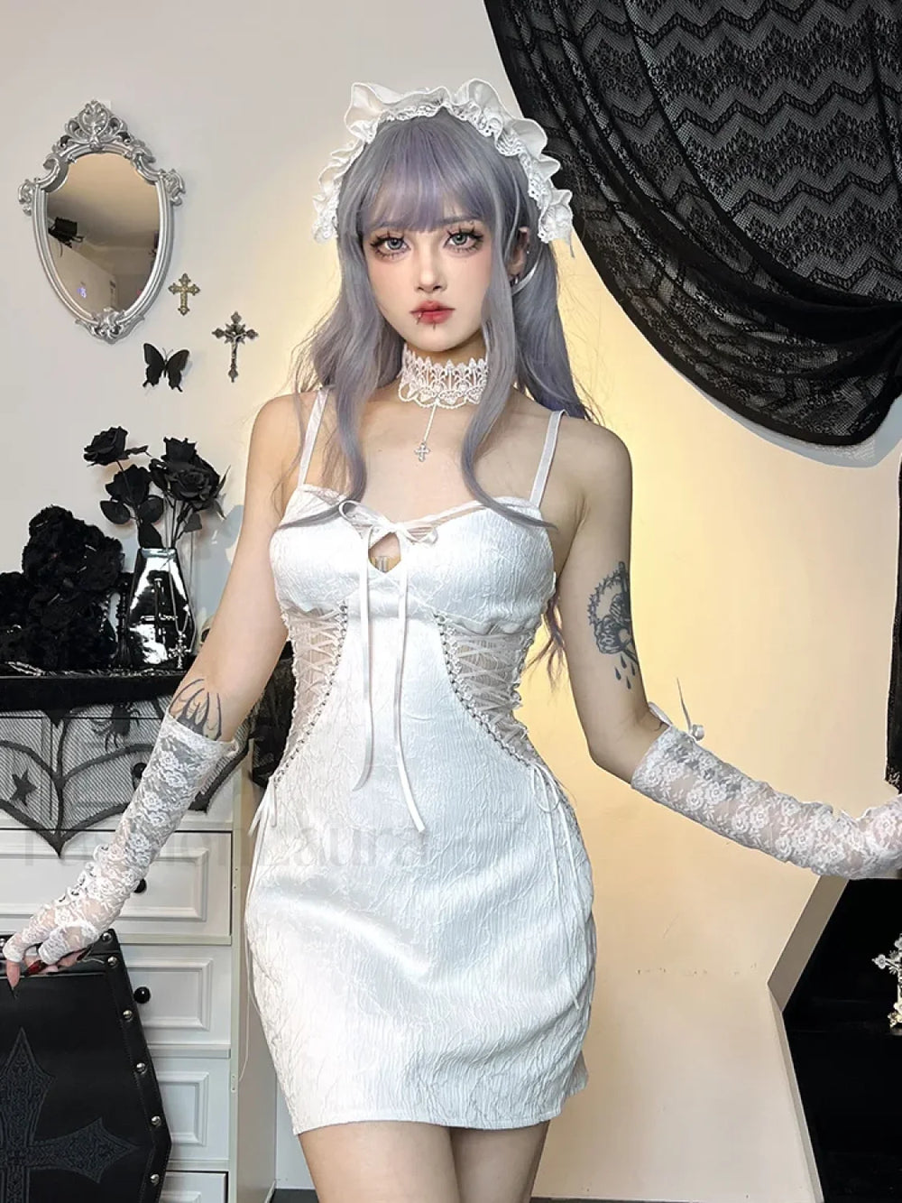 Lace Sleeve Mesh Bodycon Cocktail Vintage Witchy Flare Goth Retro Gothic Dress Dress / S