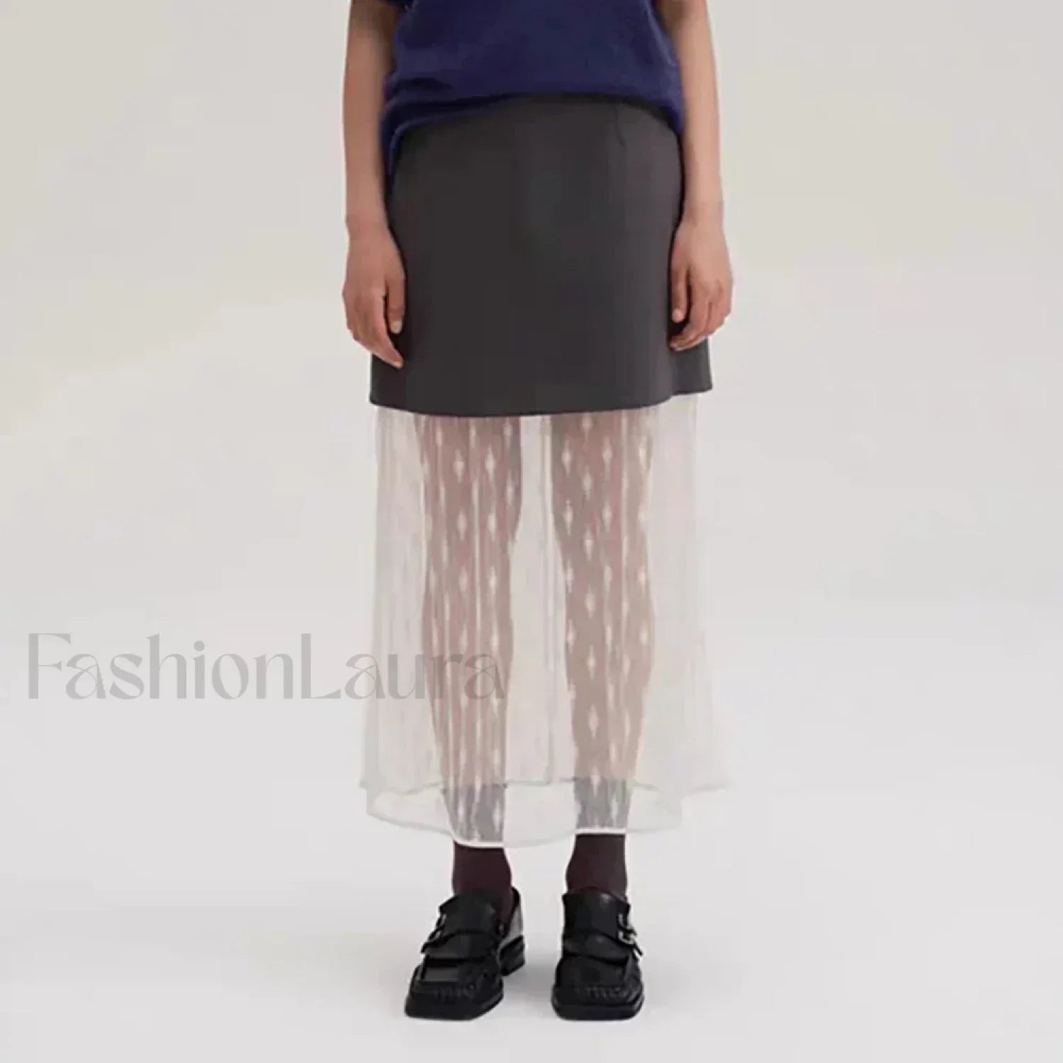 Lace Spliced Pleated Zipper Skirt BLACK / S Main image