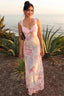 Lace Splicing Printed Irregular Split Hollow Strappy Beach Maxi Dress Pink / S