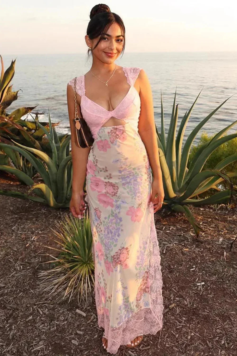 Lace Splicing Printed Irregular Split Hollow Strappy Beach Maxi Dress Pink / S Main image